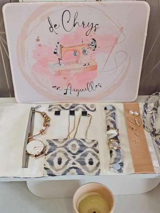 Etui à bijoux nomade - Ikat bleu beige